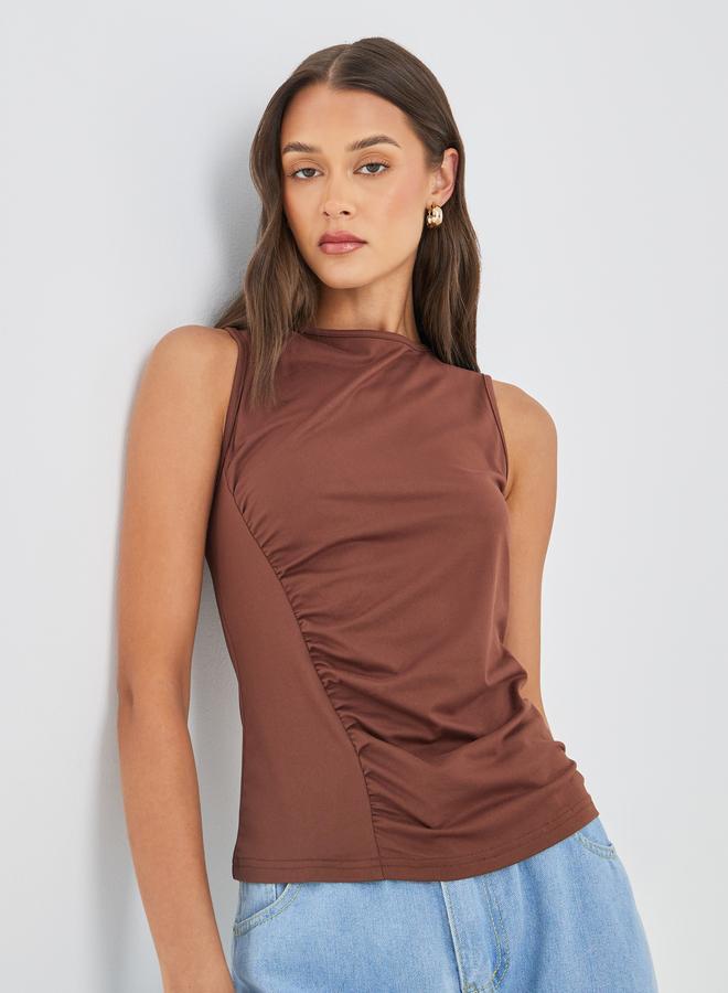 Styli Sleeveless Ruched Detail Round Neck Knit Top - Image 1